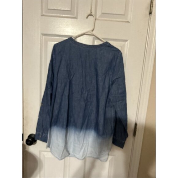 J Jill Denim Shirt Button Up Dip Dye Ombre Roll Tab Sleeve Cotton Tencell SIze L - Picture 2 of 2